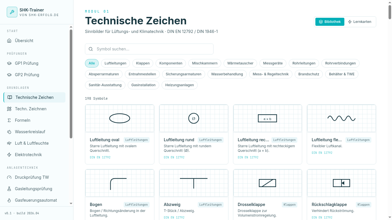 SHK-Trainer — Modul Technische Zeichen mit 198 DIN-Symbolen